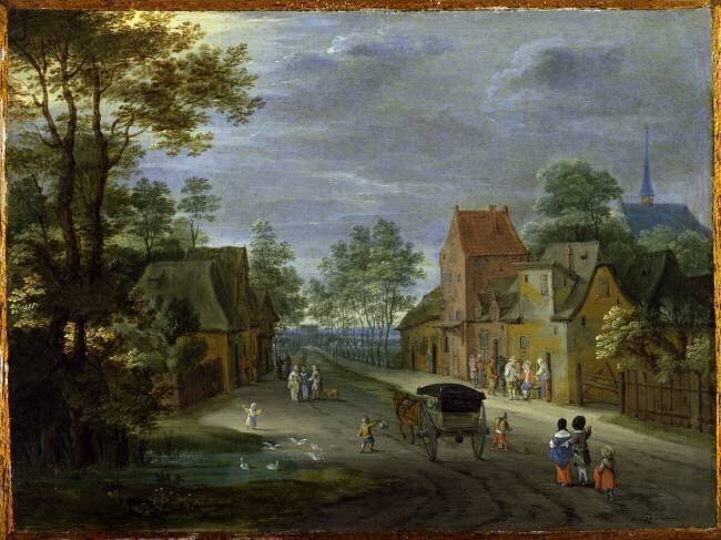 A village scene with horsedrawn cart on a track Peter Gysels