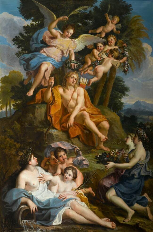 Apollon vainqueur du serpent Python couronné par la Victoire Noël Coypel