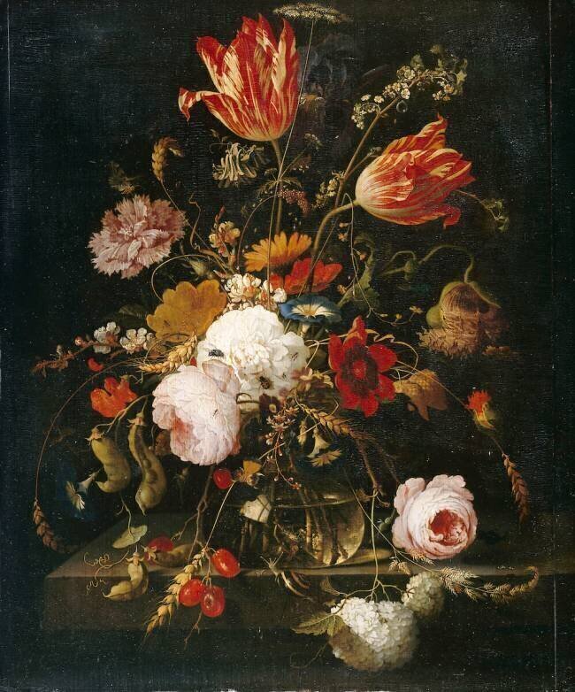 Fleurs dans une carafe de cristal avec une branche de pois et un escargot Abraham Mignon