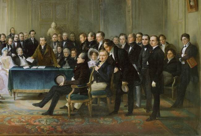 François-Guillaume Andrieux faisant la lecture de sa tragédie "Junius Brutus" dans le foyer à la Comédie Française le 26 mai 1828 François Joseph Heim