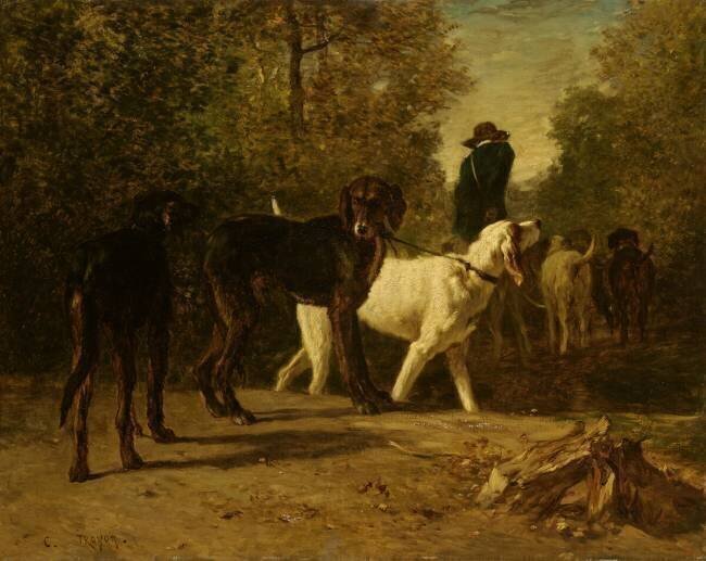 Garde-chasse conduisant ses chiens dans la forêt Constant Troyon