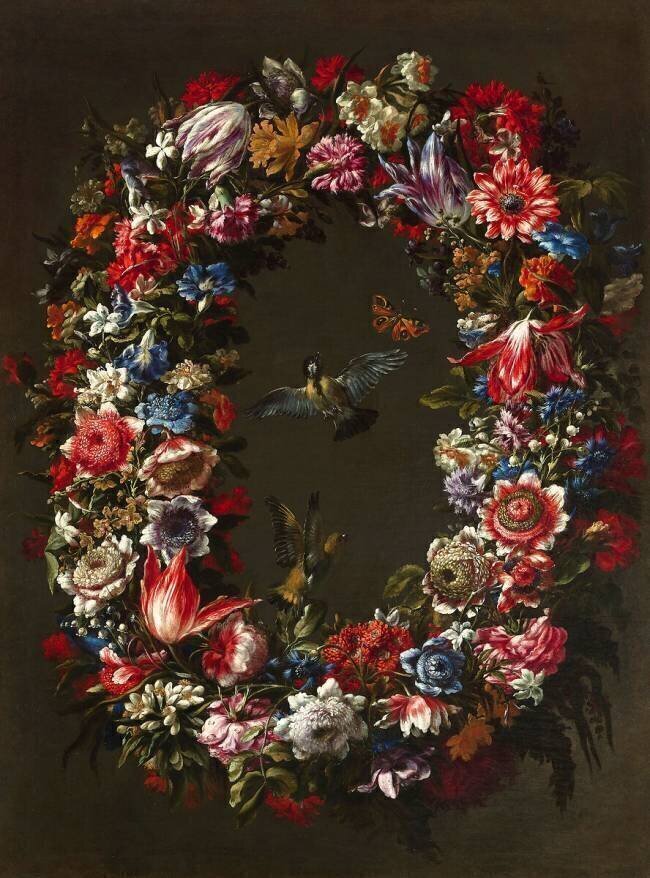 Guirlande de fleurs, oiseaux et papillons Juan de Arellano