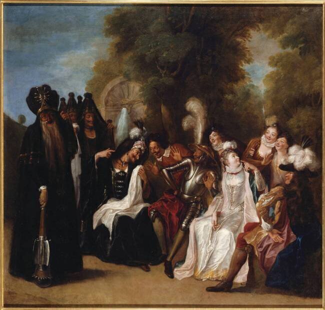 Histoire de Don Quichotte : " La Dolorida affligée de sa barbe demande à Don Quichotte de la venger" Charles-Antoine Coypel
