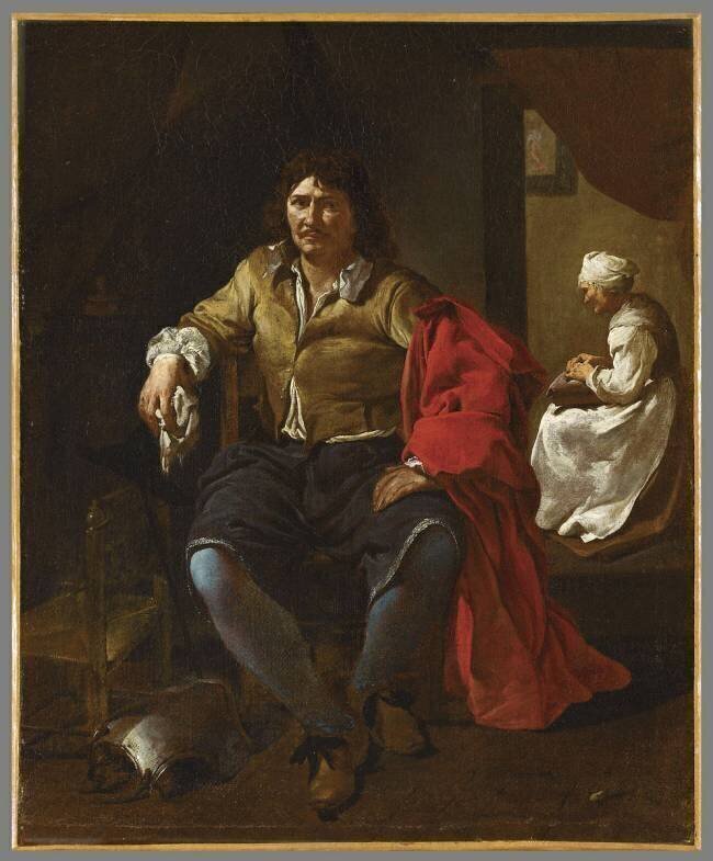 Homme assis dans un intérieur, avec servante à l'arrière-plan Jacob Duck