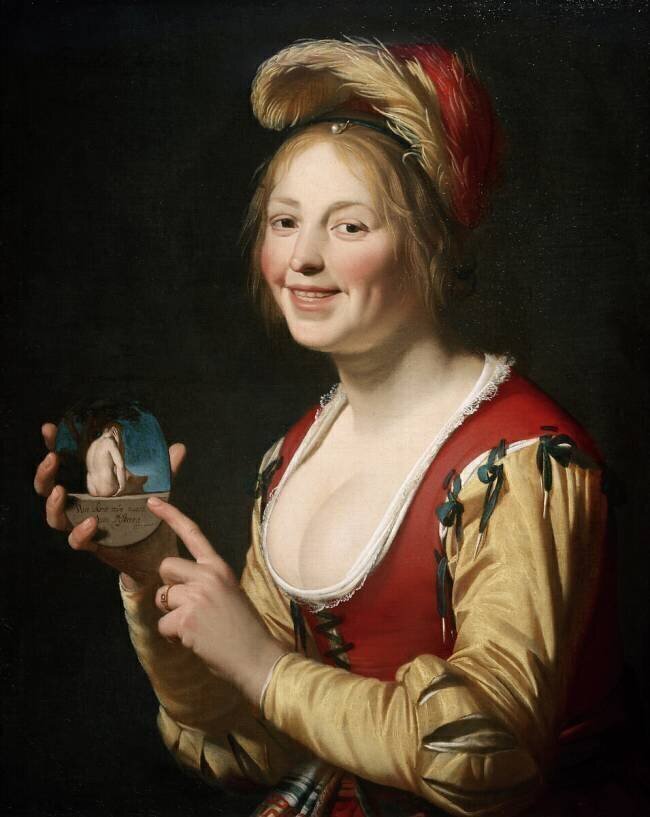 Jeune courtisane une image obscène à la main Gerrit van Honthorst