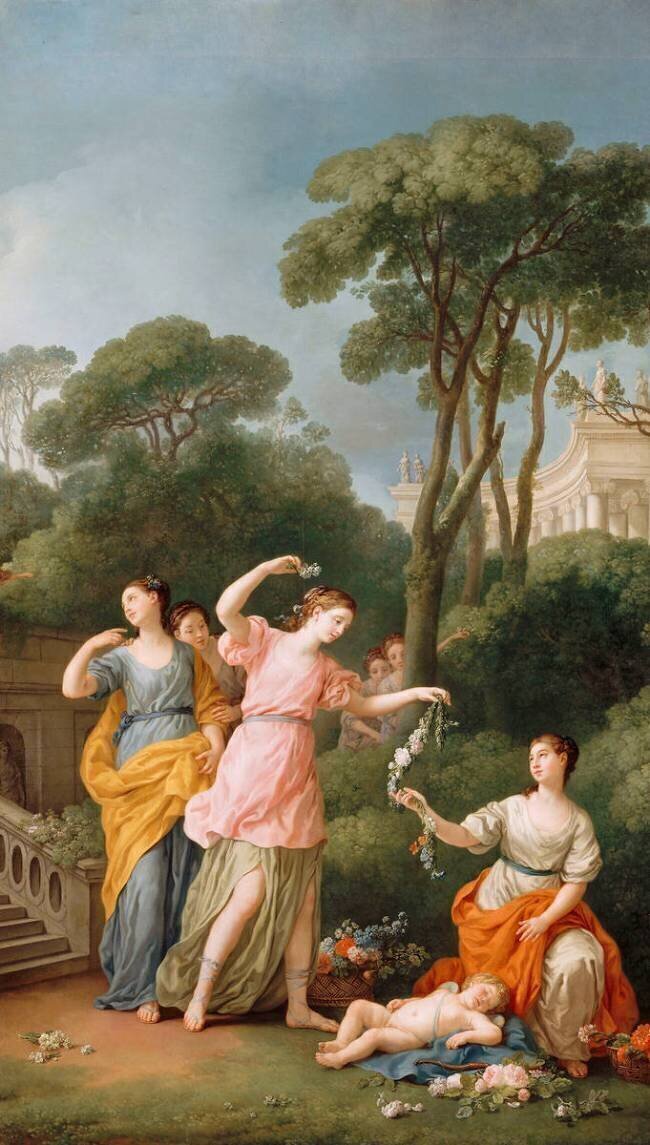 Jeunes grecques parant des Fleurs l'Amour endormi Joseph Marie Vien