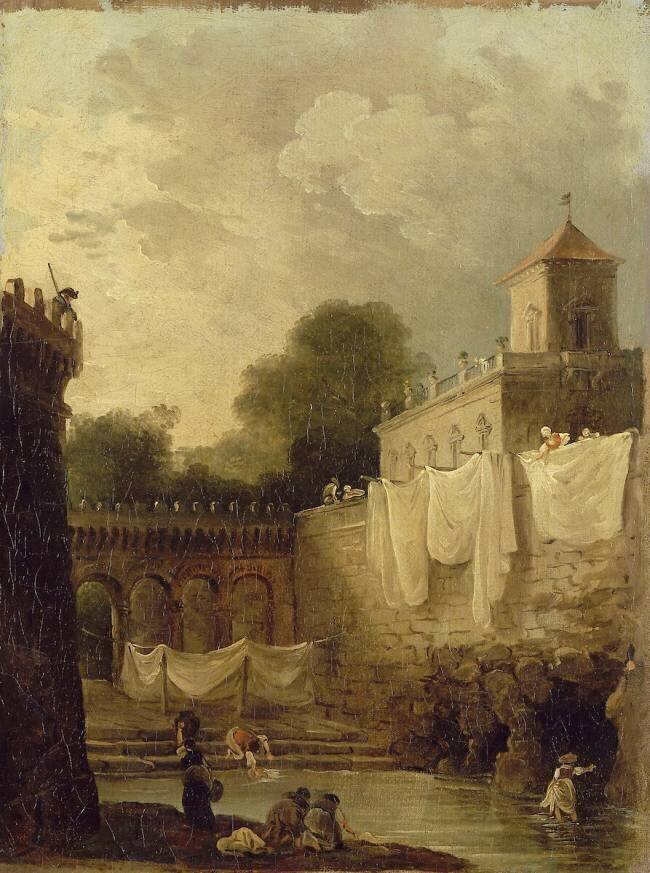 Lavandières dans les fossés d'une ville italienne Hubert Robert