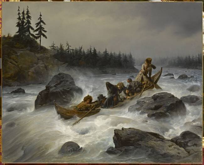 Le duc d'Orléans (futur roi Louis-Philippe) descendant le grand rapide de l'Eijampaïka sur le fleuve Muonio en Laponie, en août 1795 - François-Auguste Biard