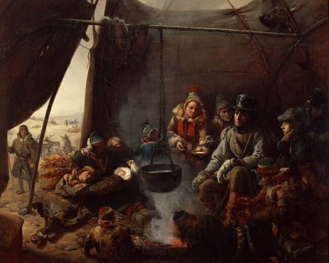 Louis-Philippe, duc d'Orléans (futur roi Louis-Philippe) reçu dans un campement de Lapons pendant son exil au Cap Nord, en août 1795. François-Auguste Biard