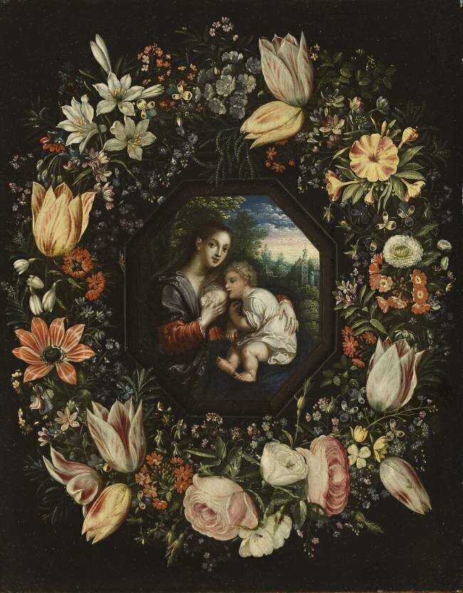 Madonna and Child in a garland of flowers Jan Brueghel the Younger