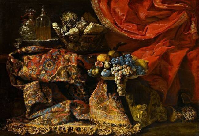 Nature morte au tapis turc et tenture Francesco Noletti