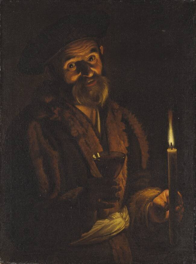 Old Man Holding a Candle and a Glass Adam de Coster