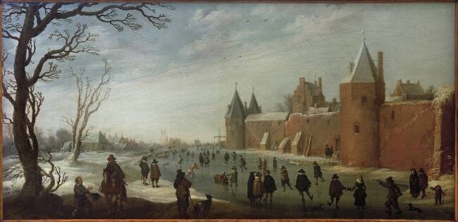 Patineurs sur les douves gelées Joost Cornelisz Droochsloot