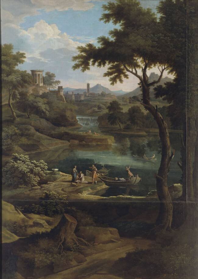 Paysage avec des barques "où parait une hauteur sur laquelle est une tour avec une chute d'eau" Etienne Allegrain