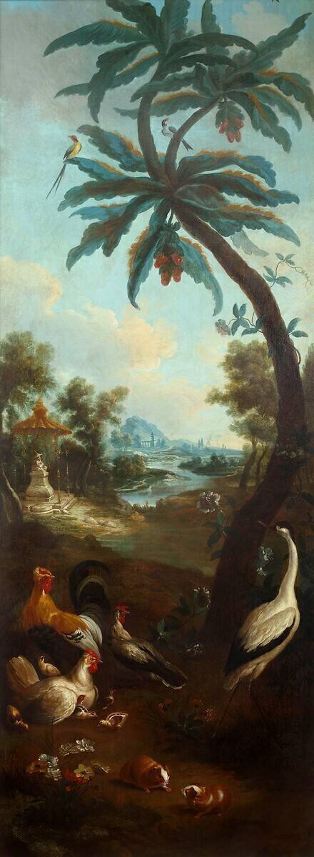 Paysage avec poules et coqs, cochons d'Inde, avocette Christophe Huet