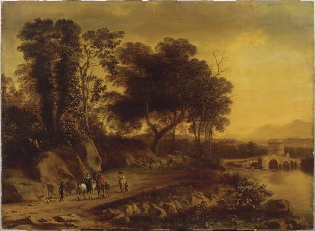Paysage avec promeneurs au bord d'une rivière Horatius de Hooch
