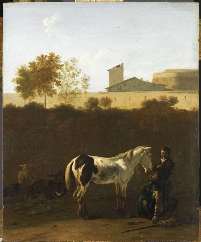 Paysage d'Italie avec pâtres et cheval pie Karel Dujardin