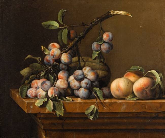 Prunes, courges et pêches sur un entablement de marbre Pierre Dupuis