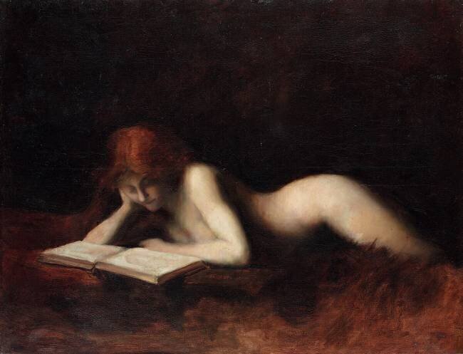 Reclining nude woman reading a book Jean-Jacques Henner