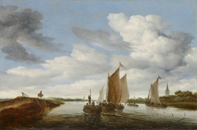 River Landscape with Sailing Boats and a Horse-Drawn Barge Salomon van Ruysdael