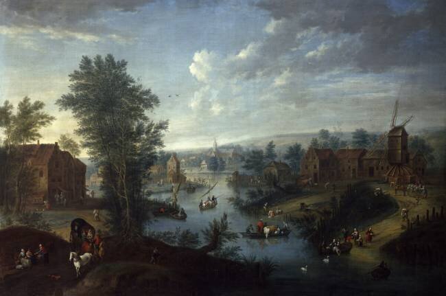 River landscape with village buildings on the horizon Joseph van Bredael