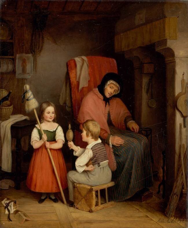 Scène d'intérieur avec une vieille femme, une fillette et un garçon Adèle Martin
