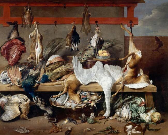 Table de cuisine avec gibier, poissons et légumes Frans Snyders