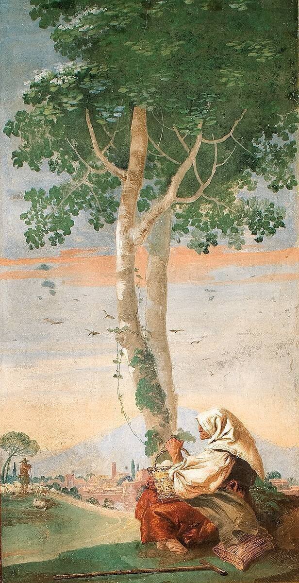 The Ederly Peasant Woman Seated Beneath a Tree with a Basket of Eggs, from the Room of Country Scenes Giandomenico Tiepolo