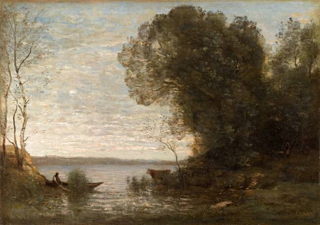 Une soirée ; batelier amarré Jean-Baptiste Camille Corot