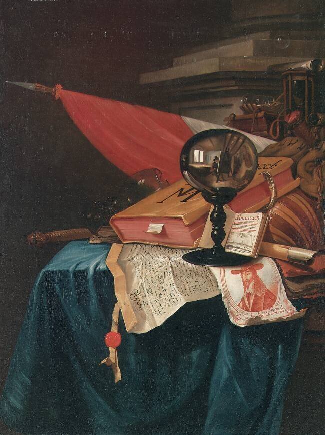 Vanitas still life with the artist at his easel reflected in a crystal ball Vincent Laurensz van der Vinne