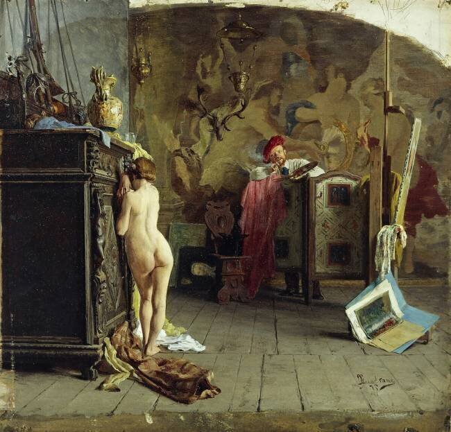 "Vergognosa" jeune fille posant pour un peintre dans son atelier se cache le visage. Giovanni Battista Quadrone