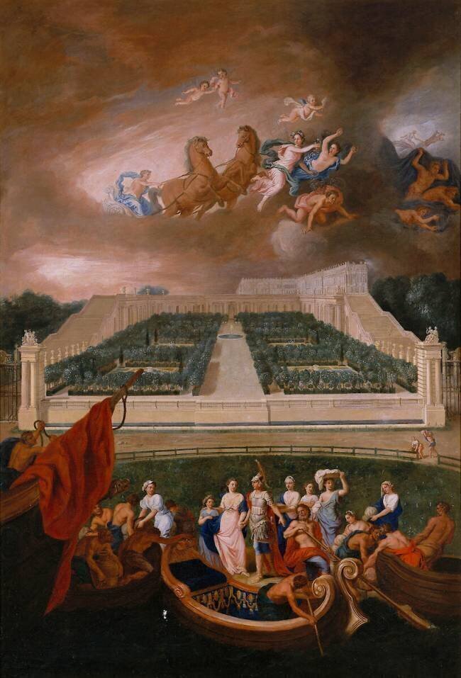 Vue de l'Orangerie et du château prise de la pièce d'eau des Suisses avec l'enlèvement d'Hélène Jean Cotelle the Younger