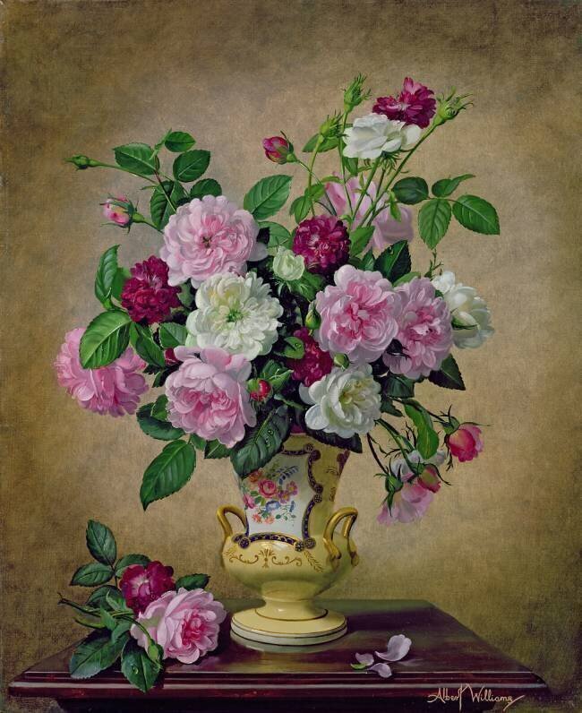 Roses and dahlias in a ceramic vase Albert Williams