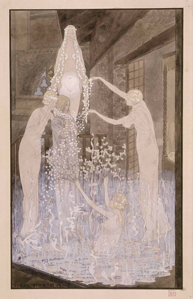 Angélique se parant de fleurs, protégée par sainte Agnès Carlos Schwabe