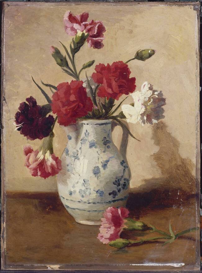 Bouquets d'oeillets dans un pichet de porcelaine Jeanne Magnin