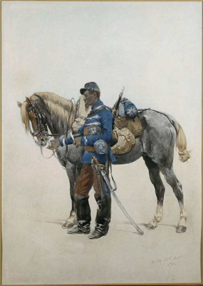 Cavalier du 2e hussards en tenue de campagne, second Empire Edouard Detaille