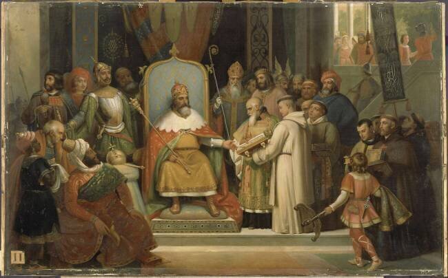Charlemagne entouré de ses principaux officiers, reçoit Alcuin Jules Laure