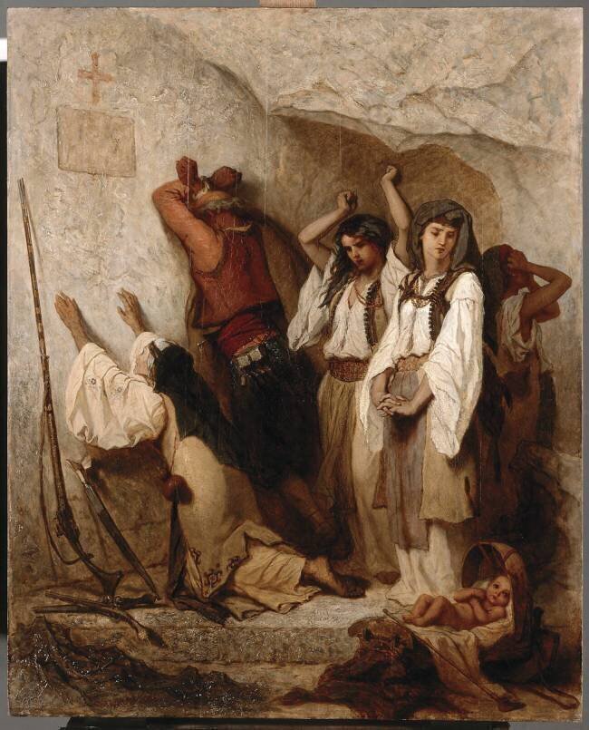 Famille monténégrine pleurant ses morts après un combat, à l'entrée du monastère de Cettigne Théodore Valerio