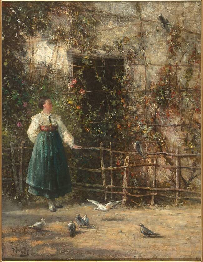 Femme distribuant des graines à des pigeons Gustave Jundt