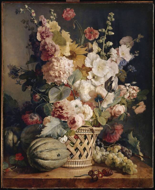 Fleurs et fruits dans une corbeille d'osier Antoine Berjon