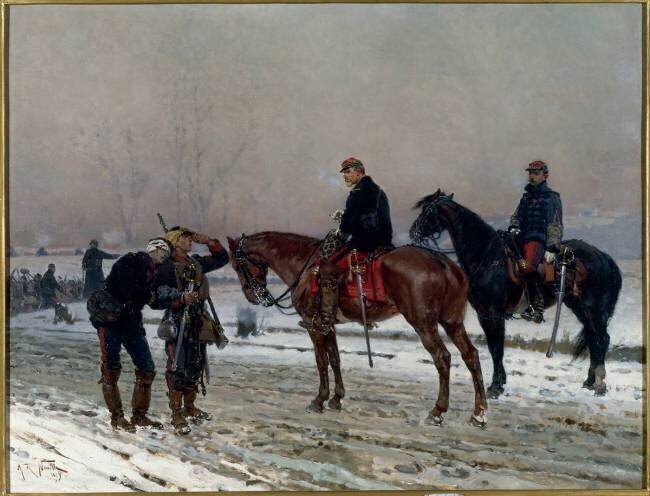 Général interrogeant un garde mobile soutenant un lieutenant blessé Alphonse de Neuville