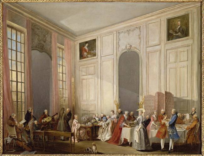 Le Thé à l'anglaise servi dans le salon des Quatre-Glaces au palais du Temple à Paris en 1764 Michel Barthélemy Ollivier