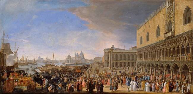 L'Entrée du comte de Manchester, ambassadeur d'Angleterre au palais Ducal de Venise Luca Carlevaris