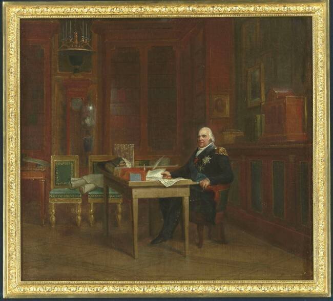 Louis XVIII représenté assis à sa table de travail dans son cabinet de travail aux Tuileries en 1823 François Gérard