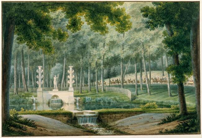Malmaison. Vue du bassin de Neptune en dehors du parc près de la grille Auguste Garneray