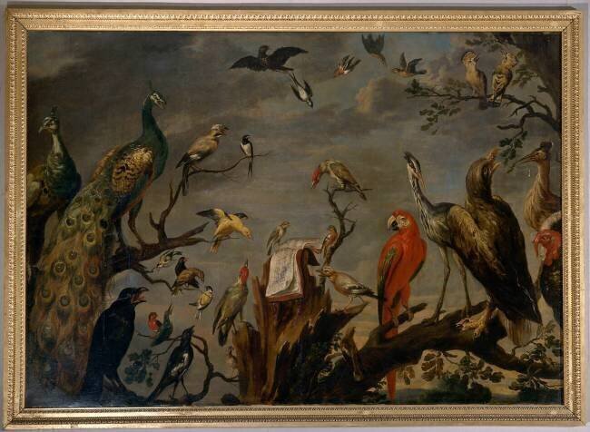 Oiseaux chantant avec une partition ou concert d'oiseaux Frans Snyders