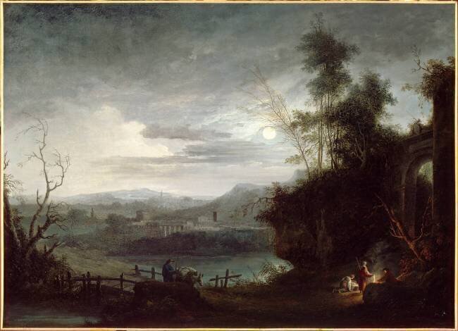 Paysage : clair de lune avec groupe de figures se chauffant près d'un feu Jules César Denis van Loo