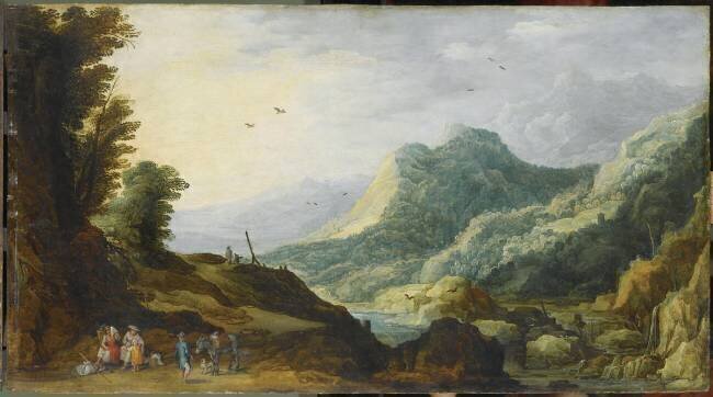 Paysage montagneux avec famille de paysans se reposant au bord d'un chemin Joos de Momper the Younger