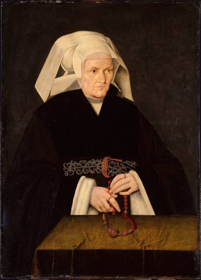 Portrait de femme coiffée d'une cornette blanche et égrenant un chapelet Bartholomaeus Bruyn the Younger