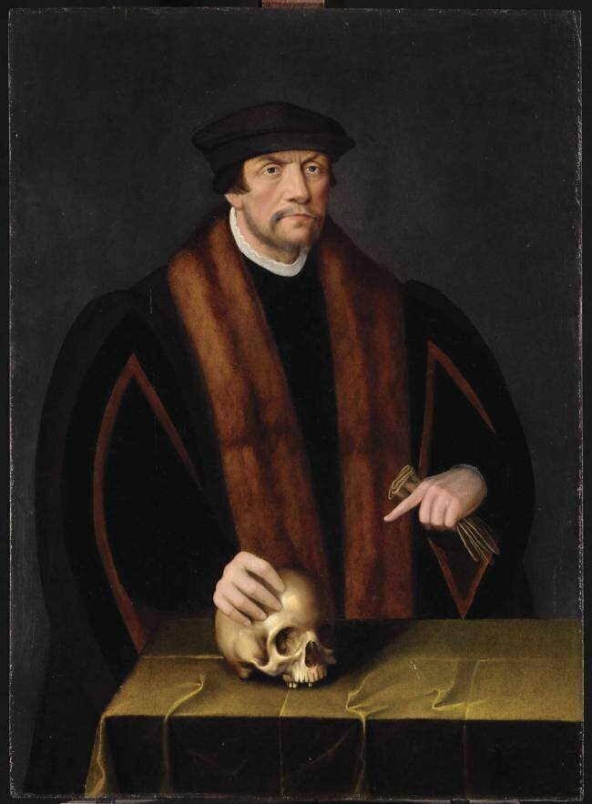 Portrait d'homme avec la main droite posée sur un crâne Bartholomaeus Bruyn the Younger